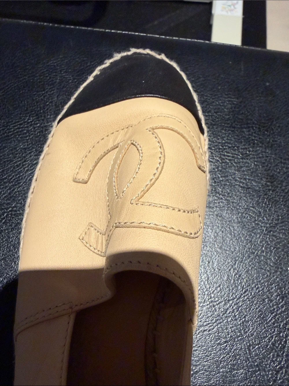 CHANEL Beige Leather Espadrilles with Black Cap Toe